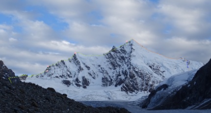 Lalung Women’s Expedition, India, Ana Baumgartner, Urša Kešar, Anja Petek, Patricija Verdev - Lalung I and the route of the first ascent, marked with yellow, completed alpine style over a period of five days in summer 2024 by the Slovenian alpinists Anja Petek and Patricija Verdev