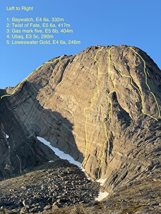 Innaarsuit, Greenland, Indie Fallowfield, Ben Kent, Chris Moore - Innaarsuit, Greenland and the routes climbed by Indie Fallowfield, Ben Kent and Chris Moore in summer 2024