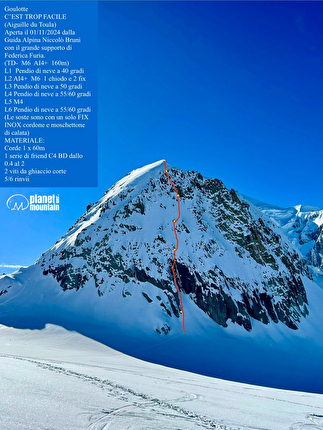 Aiguille du Toula, Monte Bianco, Niccolò Bruni, Federica Furia - La relazione di 'C'est trop facile' all'Aiguille du Toula nel massiccio del Monte Bianco (Niccolò Bruni, Federica Furia 01/11/2024)