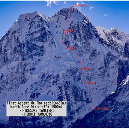 Mt Pholesobi, Nepal, Hidesuke Taneishi, Hiroki Yamamoto - The line of the 'North Face Direct' on Mt Pholesobi (6652m) in Nepal climbed by Hidesuke Taneishi and Hiroki Yamamoto