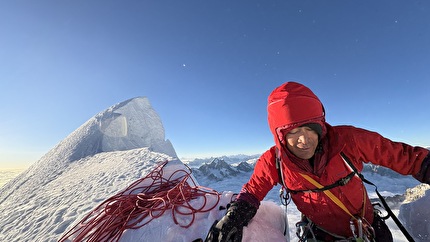 Mt Pholesobi, Nepal, Hidesuke Taneishi, Hiroki Yamamoto - Hidesuke Taneishi at the topo of the 'North Face Direct' on Mt Pholesobi (6652m) in Nepal (Hidesuke Taneishi, Hiroki Yamamoto 2024)