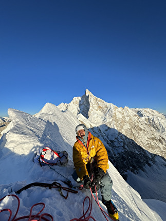 Mt Pholesobi, Nepal, Hidesuke Taneishi, Hiroki Yamamoto - Hiroki Yamamoto on the summit after having made the first ascent of 'North Face Direct' on Mt Pholesobi (6652m) in Nepal (Hidesuke Taneishi, Hiroki Yamamoto 2024)