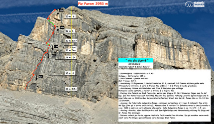 Piz Parom, Dolomiti, Simon Kehrer, Hubert Eisendle - La relazione di 'Via dla Surité' al Piz Parom (Simon Kehrer, Hubert Eisendle 05/11/2024)