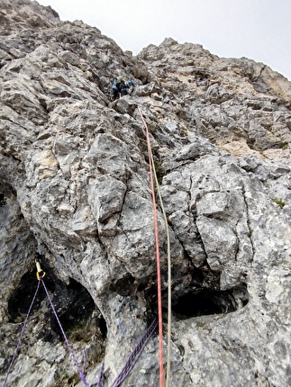 Torre dei Feruch, Dolomiti Bellunesi, Davide Cassol, Gabriele Walicki - Sul 13° tiro di 'I sogni di Brunner' alla Torre dei Feruch, Dolomiti Bellunesi (Davide Cassol, Gabriele Walicki 29/09/2024) 