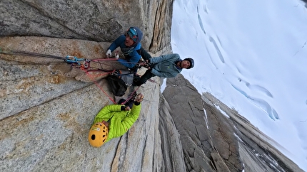 Aguja Val Biois, Patagonia, Alessandro Baù, Matteo Della Bordella, Mirco Grasso - The first ascent of '¿Quién sigue?' on the east face of Aguja Val Biois, Fitz Roy massif, Patagonia (Alessandro Baù, Matteo Della Bordella, Mirco Grasso 9-10/01/2025)