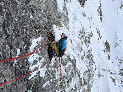 Rysy, High Tatras, Slovakia, Danny Menšík, Petr Vicha - At belay #6 during the first free ascent of 'Bílý Rys', White Lynx, on the NE Face of Rysy, Slovakia, Danny Menšík, Petr Vicha