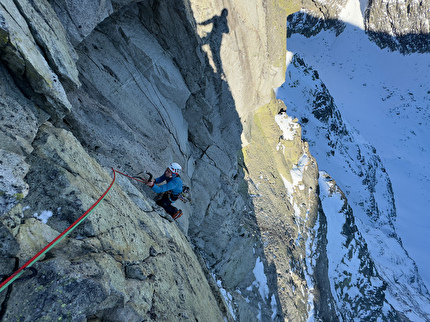 Rysy, High Tatras, Slovakia, Danny Menšík, Petr Vicha - At the top of the White Lynx pitch during the first free ascent of 'Bílý Rys' on the NE Face of Rysy, Slovakia, Danny Menšík, Petr Vicha