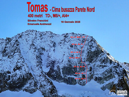 Cima Busazza, Presanella, Emanuele Andreozzi, Silvestro Franchini - The topo of the mixed climb 'Tomas' route on the north face of Cima Busazza (Adamello – Presanella group). Established on 16/01/2025 by Emanuele Andreozzi and Silvestro Franchini, the route runs between 'La forza della Mente' and 'Sacchi' and was dedicated to Tomas Franchini, who died in the summer of 2024 on Mount Cashan in the Cordillera Blanca in Peru.