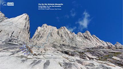 Cavity Ridge, Fox Jaw Cirque, Groenlandia, Daniele Bonzi, Francesco Fumagalli, Thomas Triboli - Il tracciato di 'No Me Moleste Mosquito' sulla Cavity Ridge, Fox Jaw Cirque, Groenlandia (Daniele Bonzi, Francesco Fumagalli, Thomas Triboli 13/08/2024)