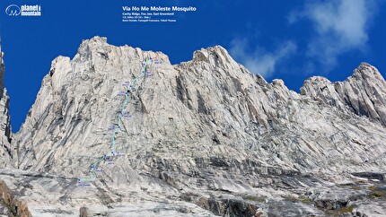 Cavity Ridge, Fox Jaw Cirque, Groenlandia, Daniele Bonzi, Francesco Fumagalli, Thomas Triboli - Il tracciato di 'No Me Moleste Mosquito' sulla Cavity Ridge, Fox Jaw Cirque, Groenlandia (Daniele Bonzi, Francesco Fumagalli, Thomas Triboli 13/08/2024)