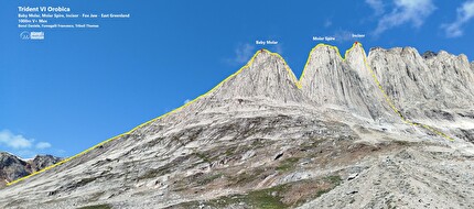 Fox Jaw Cirque, Groenlandia, Daniele Bonzi, Francesco Fumagalli, Thomas Triboli - Il tracciato della traversata 'Trident VI Orobica' di Baby Molar, Molar e Incisor, Fox Jaw Cirque, Groenlandia (Daniele Bonzi, Francesco Fumagalli, Thomas Triboli 07-09/08/2024)