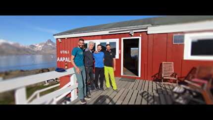 Fox Jaw Cirque, Groenlandia, Daniele Bonzi, Francesco Fumagalli, Thomas Triboli - Daniele Bonzi, Francesco Fumagalli e Thomas Triboli insieme a Robert Peroni al Red House, Groenlandia 08/2024