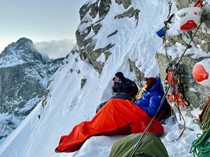 Rysy, High Tatras, Michał Czech, Maciek Kimel, Tomek Klimcza - The first free ascent of 'Direttissima' on the east face of Rysy, High Tatras (Michał Czech, Maciek Kimel, Tomek Klimcza 08-10/02/2025)