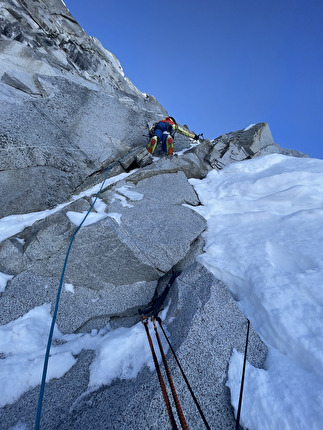 Cima Busazza, Presanella, Emanuele Andreozzi, Andrea Gremes - Emanuele Andreozzi establishing pitch 5 of 'Via Teti' on the north face of Cima Busazza (Emanuele Andreozzi, Andrea Gremes 04/03/2025)