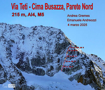 Cima Busazza, Presanella, Emanuele Andreozzi, Andrea Gremes - The topo of 'Via Teti' on the north face of Cima Busazza (Emanuele Andreozzi, Andrea Gremes 04/03/2025)