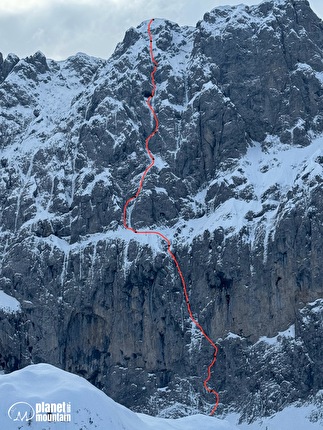 Presolana del Prato, Fischia il Vento, Yuri Parimbelli, Matteo Piccardi, Simone Semperboni - Il tracciato della via 'Fischia il Vento' alla Presolana del Prato (Yuri Parimbelli, Matteo Piccardi, Simone Semperboni 05/03/2025)