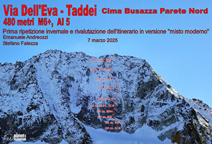 Cima Busazza, Emanuele Andreozzi, Stefano Falezza - La relazione della 'Via Dell’Eva-Taddei' sulla parete nord della Cima Busazza (Emanuele Andreozzi, Stefano Falezza 07/03/2025)