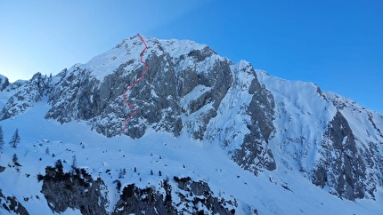 Monte Vigna Vaga, Michele Barcella, Claudio Capitanio, Francesco Fumagalli - Il tracciato della via 'Allo Sbaraglio' al Monte Vigna Vaga, Alpi Orobie Bergamasche (Michele Barcella, Claudio Capitanio, Francesco Fumagalli 08/03/2025)