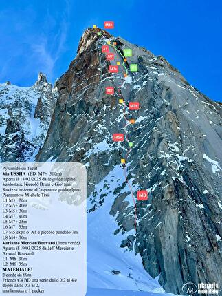 Pyramide du Tacul, Monte Bianco, Niccolò Bruni, Giovanni Ravizza, Michele Tixi - La relazione della via 'Ussha' alla Pyramide du Tacul, Monte Bianco (Niccolò Bruni, Giovanni Ravizza, Michele Tixi 18/03/2025)