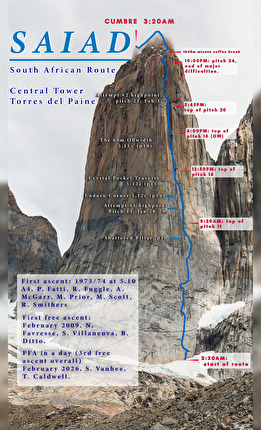 Torres del Paine, Chile, Tommy Caldwell, Siebe Vanhee - The 'South African route' on Central Tower of Paine in Patagonia, climbed free and in 24 hours by Tommy Caldwell & Siebe Vanhee on 13-14/02/2026 Torres del Paine, Chile, Tommy Caldwell, Siebe Vanhee - The 'South African route' on Central Tower of Paine in Patagonia, climbed free and in 24 hours by Tommy Caldwell & Siebe Vanhee on 13-14/02/2026