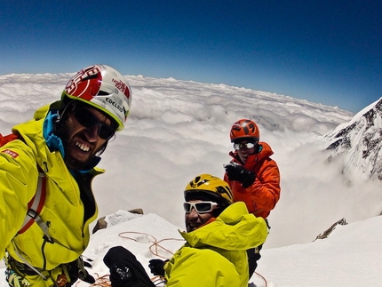 Kungyang Chhish East - Hansjörg Auer, Simon Anthamatten and Matthias Auer on the summit of Kungyang Chhish East, Karakorum, Pakistan in July 2013