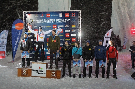 Ice Climbing World Cup 2014 - The men's podium of the fourth stage of the Ice Climbing World Cup 2014 at Champagny en Vanoise. From left to right: HeeYong Park, Nikolay Kuzovlev, Maxim Tomilov, Alexey Tomilov, Radomir Proshchenko, Janez Svoljšak, Valentyn Sypavin and Yevgen Kryvosheytsev